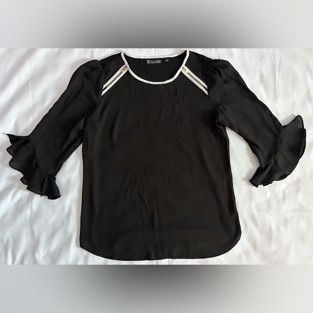 New York & Company 7th Avenue Design Studio Black Ruffle Sleeve Blouse Size S